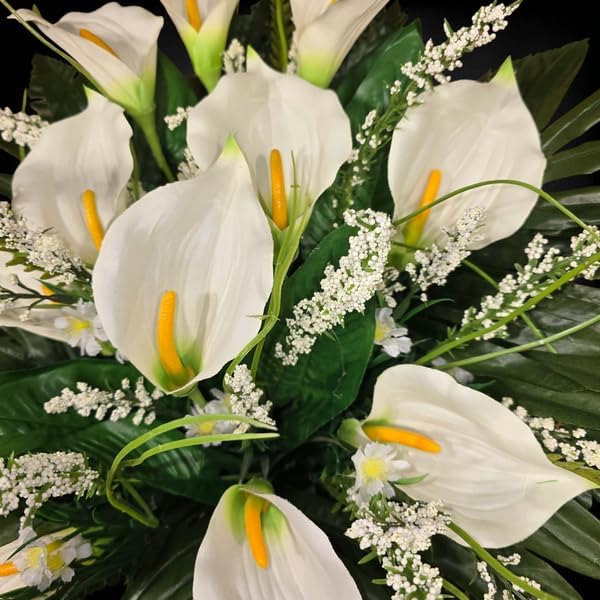 Realistic Artificial Cemetery Flowers - Jumbo Silk Faux Floral Cream Calla Lily Bouquet for Grave with white filler - 1 Large Headstone Decoration - Memorial Flowers