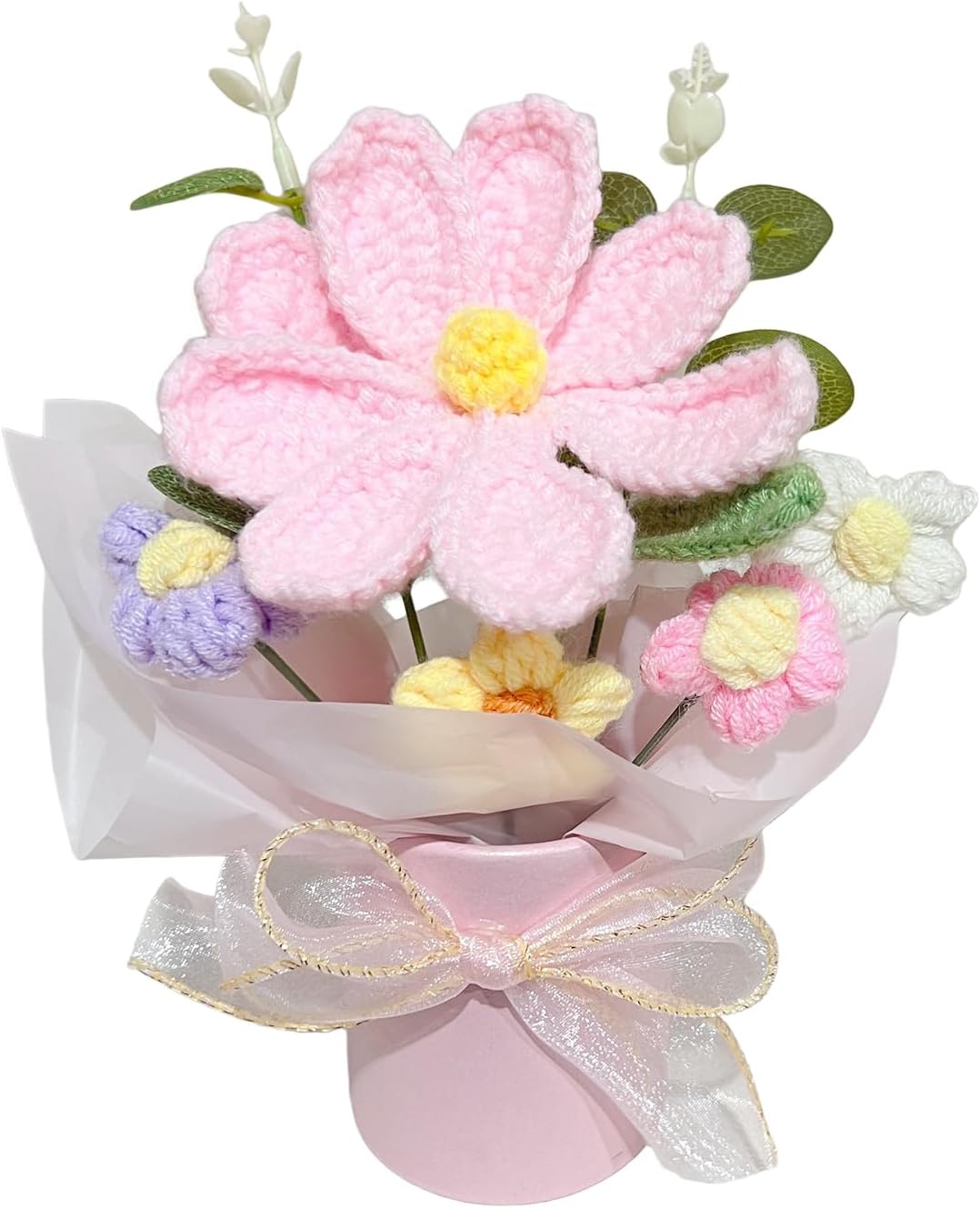 Crochet Pink Flower Bouquet, Small Handmade Desktop Decor Gifts For Women | Skin-friendly, Odor-free yarn, Pollen-free, Hypoallergenic, Great for Birthday, Mother's Day, Daughter & Grandma Gifts