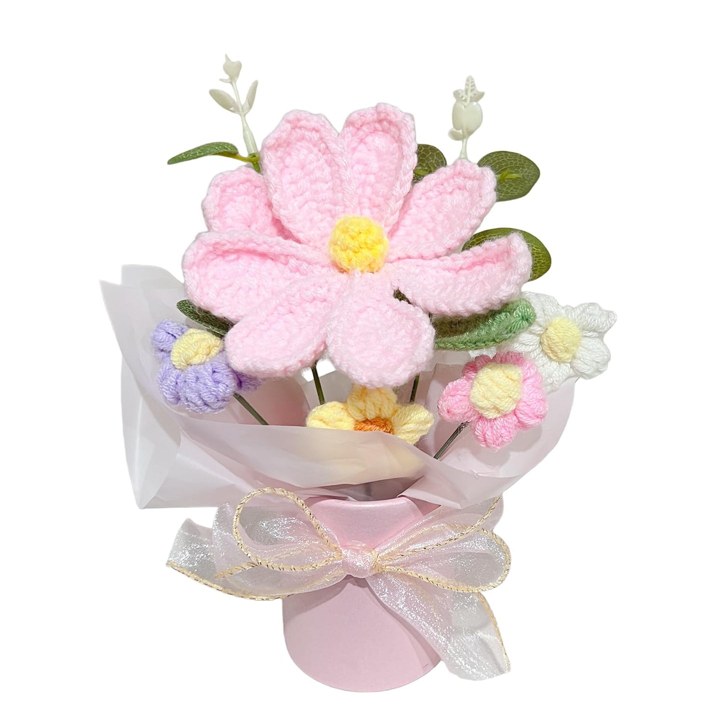 Crochet Pink Flower Bouquet, Small Handmade Desktop Decor Gifts For Women | Skin-friendly, Odor-free yarn, Pollen-free, Hypoallergenic, Great for Birthday, Mother's Day, Daughter & Grandma Gifts