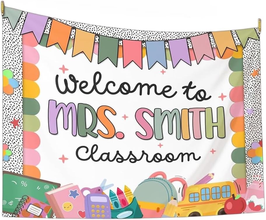 Classroom Tapestry Cute Grid Border Globe Pencil Poster Decor for School Teachers Bulletin Board Banner Composition Notebook Pattern Wall Art for Back to School Teacher Appreciation Classroom Decoration