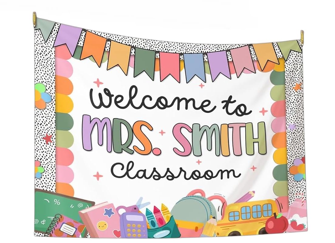 Classroom Tapestry Cute Grid Border Globe Pencil Poster Decor for School Teachers Bulletin Board Banner Composition Notebook Pattern Wall Art for Back to School Teacher Appreciation Classroom Decoration