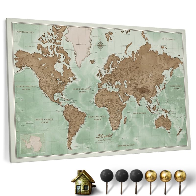 Canvas World Map with Cork Pin Board - English Lettering - Decorative Wall Decoration for All Rooms - Canvas Pictures with World Map Motif (70x50 cm, Pattern 20)
