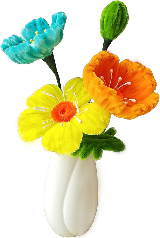 Handmade Pipe Cleaner Faux Flowers in Ceramic Vase, Easter Centerpiece Table Decor, Long-Lasting Gift for Her Girlfriend Wife Mom, Spring Party Flower Arrangement, Ideal Thoughtful Present.