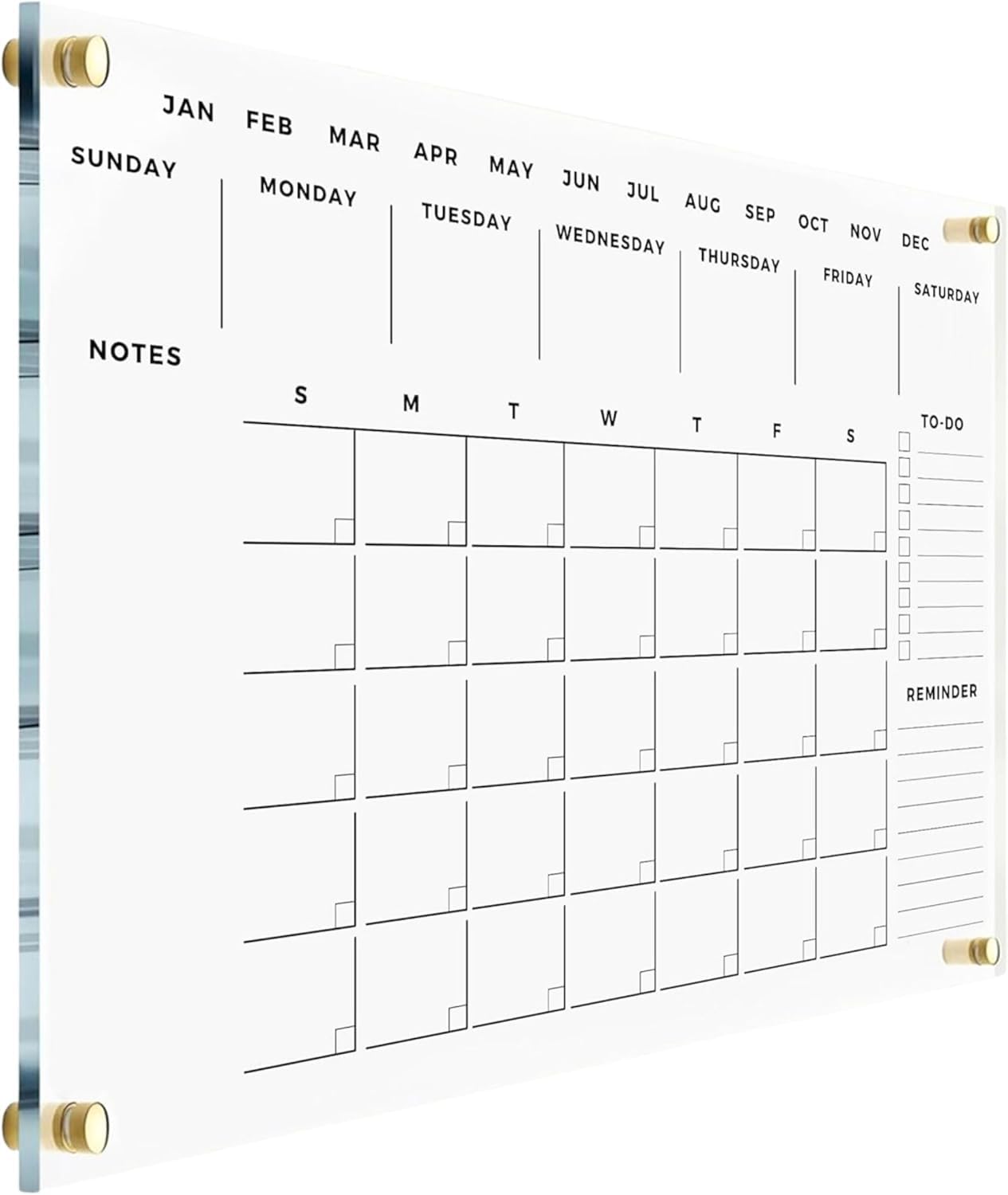 Weekly Premium Large Glass Calendar - Reusable Board for Office and Home - Dry Erase Board - Acrylic Wall Calendar w Marker (Gold Standoff, 24”x18” (Regular))