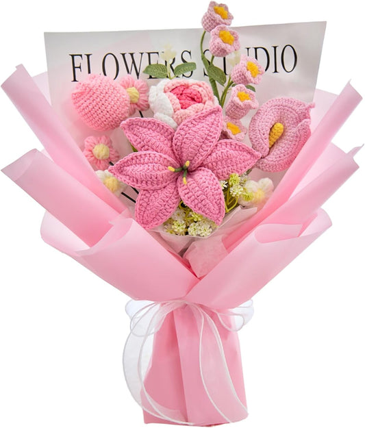 Crochet Flower Bouquet of Pink Lilies, Tulips, Roses, Lily of Valley | Flowers Gifts for Girlfriend,Mom,Granny,Graduation, Anniversary, Birthday Gifts, Christian Gifts