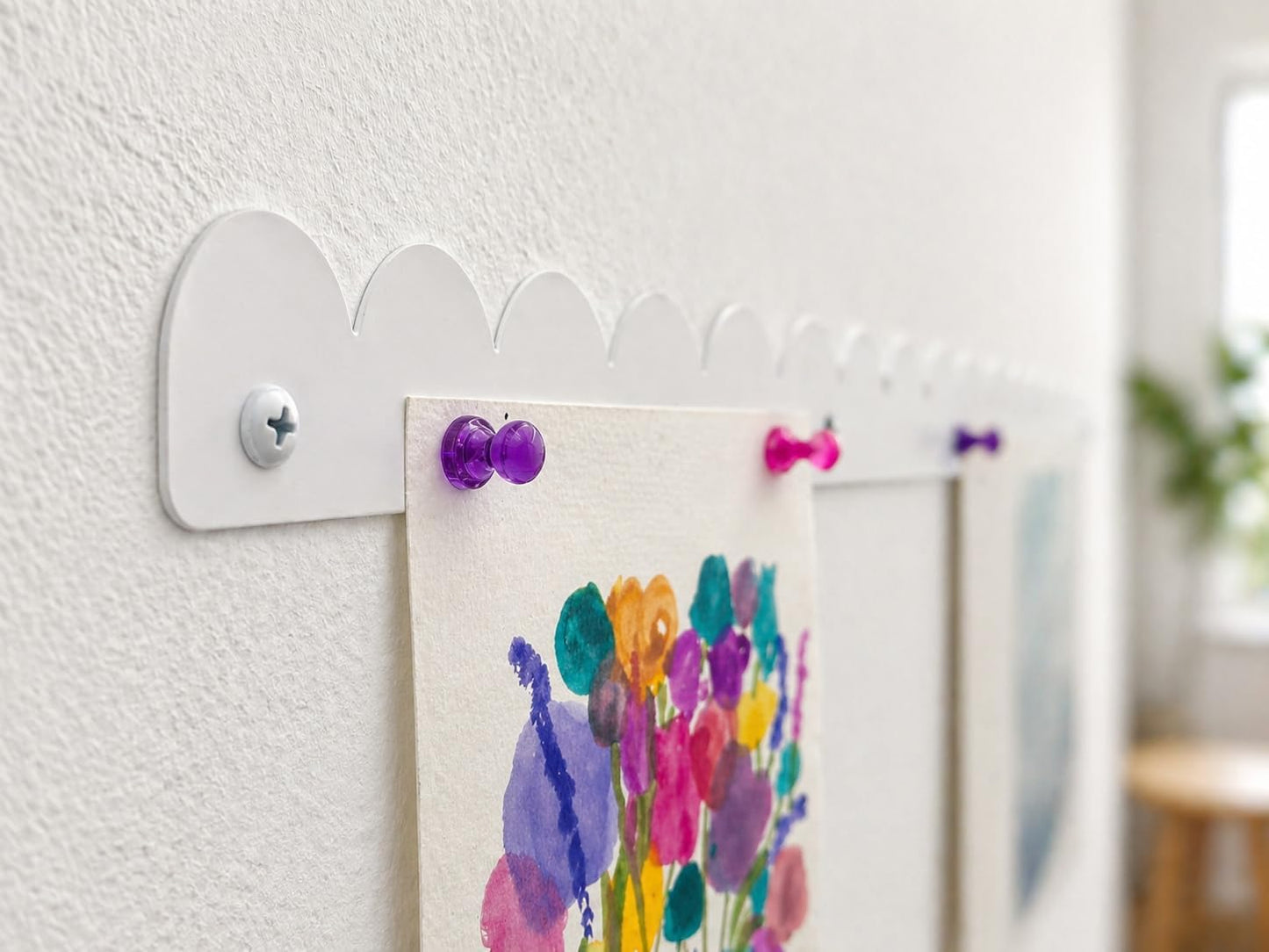 Scalloped Magnetic Art Display for Kids Artwork & Photos (Set of 2) – Kids Artwork Display for Wall – Magnetic Photo Display Strips with Push-Pin Magnets (White, 23in)