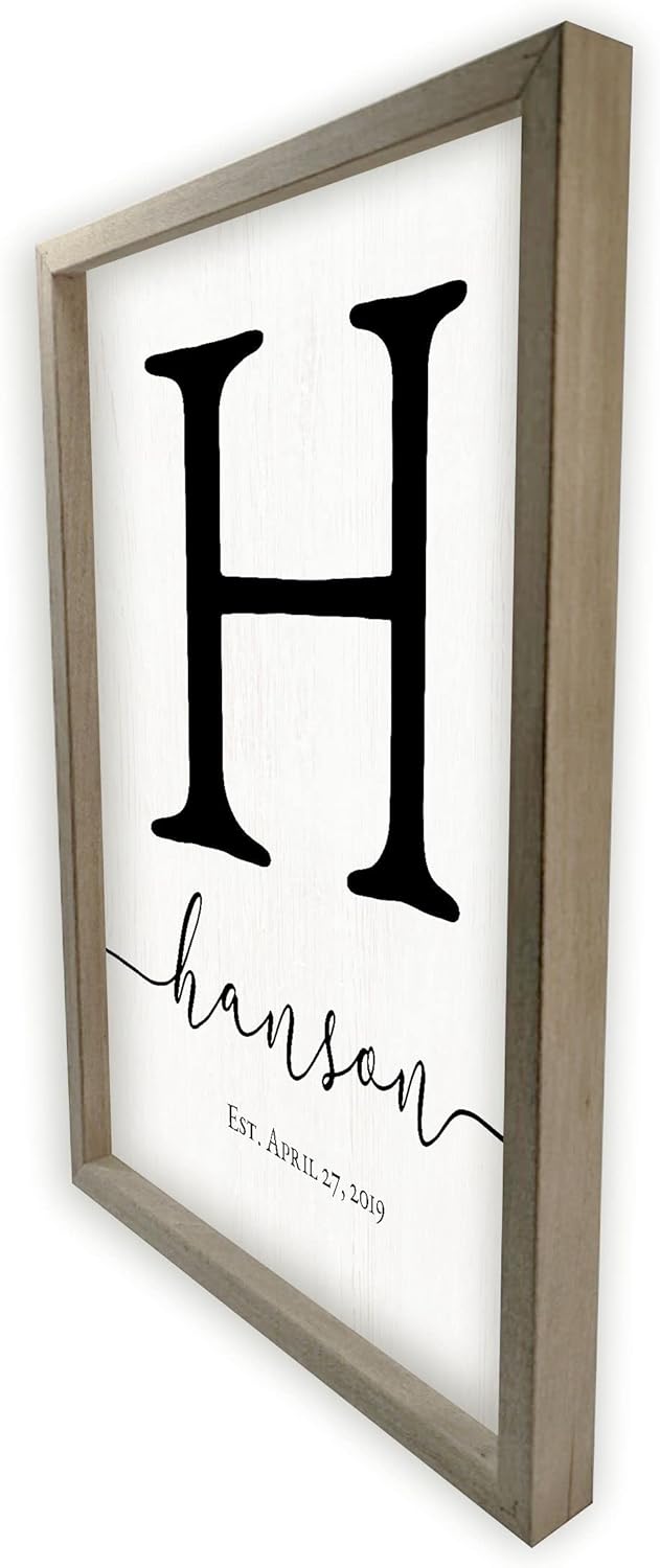 Personalized Monogram Framed Name Sign 12x18 – Custom Wall Decor Grey | solid poplar frame, white background, printed no decals, 4 sizes, add surname, wedding housewarming gift