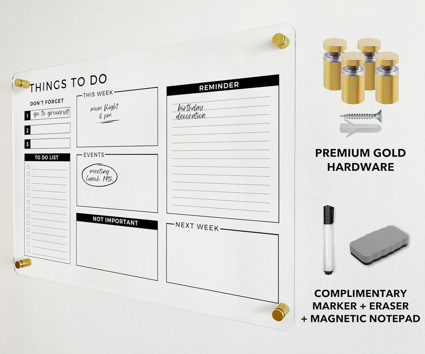 Acrylic Premium Wall Planner - Large Glass Calendar for Wall - to Do List Reminder - Large Dry Erase Board - Reusable Board for Office and Home - Dry Erase Board (Gold Standoff, 18"x14" (Small))