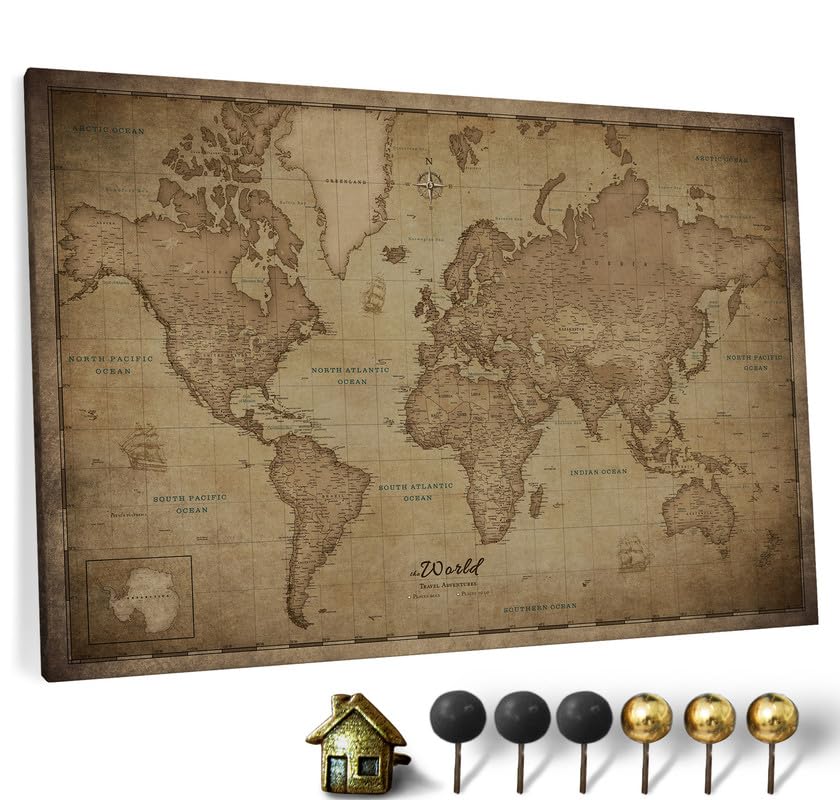 Canvas World Map with Cork Pin Board - English Lettering - Decorative Wall Decoration for All Rooms - Canvas Pictures with World Map Motif (70x50 cm, Pattern 20)