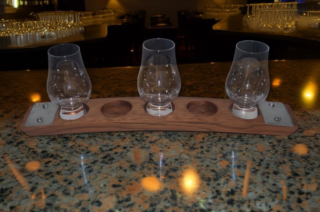 Personalized Laser Engraved Whiskey Glass Flight Tasting Board Holder 3, 4 or 5 Made from a Kentucky Bourbon barrel stave (Glasses Not Included) (5 Glass, English Chestnut)