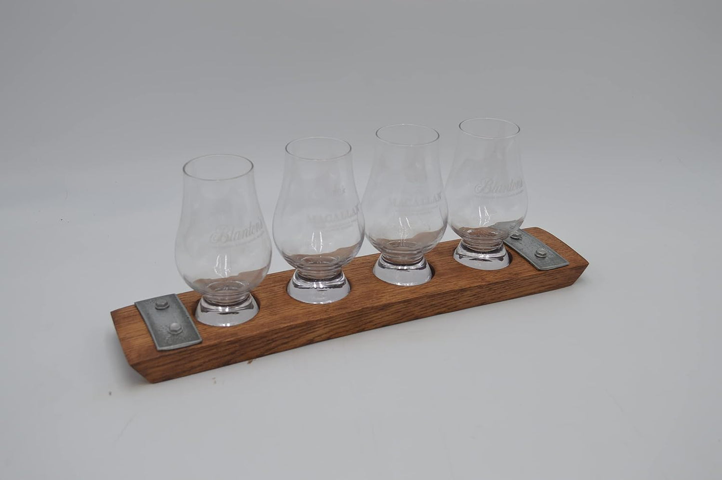 Personalized Laser EngravedWhiskey Glass Whiskey Flight Tasting Board Holder 3, 4 or 5 Made from a Kentucky Bourbon barrel stave (Glasses Not Included) (4 Glass, English Chestnut)