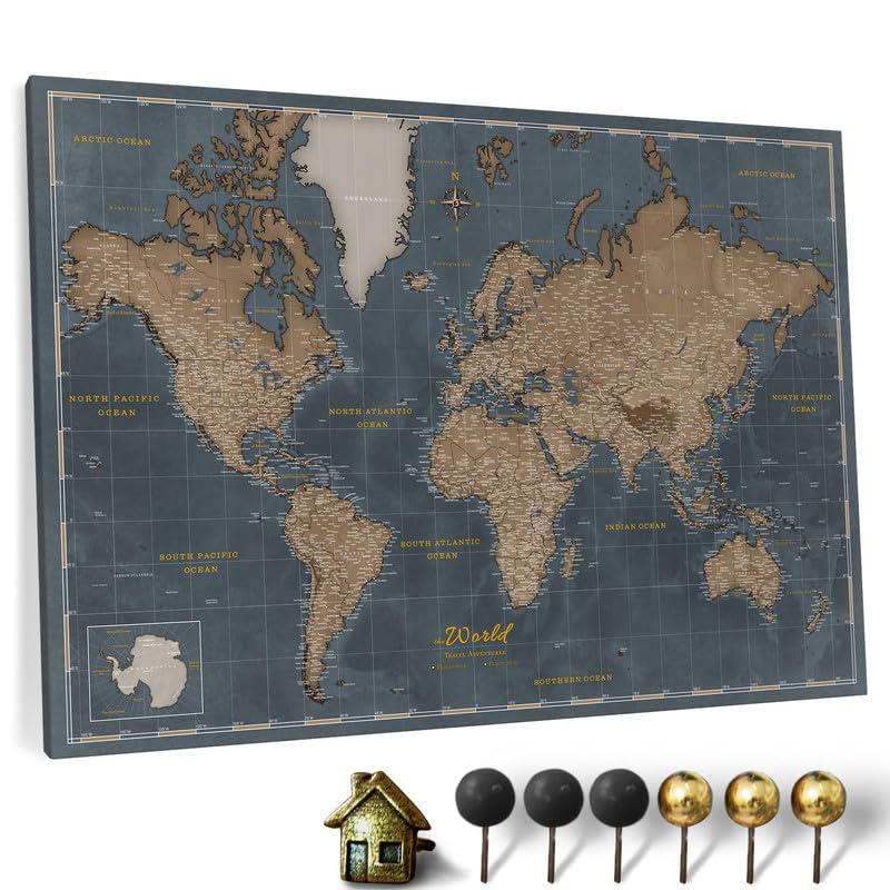 Canvas World Map with Cork Pin Board - English Lettering - Decorative Wall Decoration for All Rooms - Canvas Pictures with World Map Motif (70x50 cm, Pattern 20)