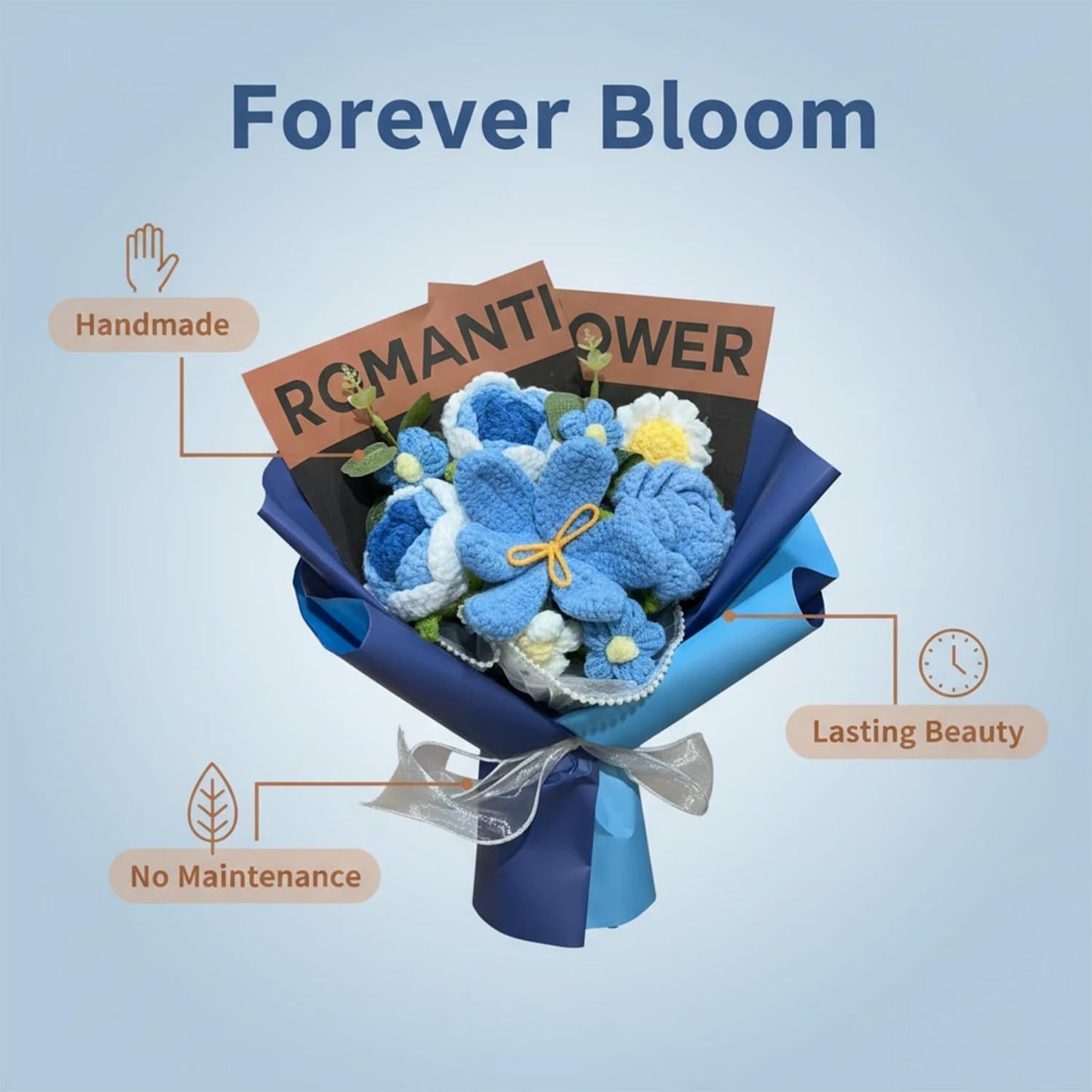 Crochet Flower Bouquet, Handmade BlueTulip Rose Gift for Women(with Card) | Skin-Friendly Odor-Free Yarn, Everlasting No Watering Needed,Vivid Full-Bloom Shape, Ideal Gift For Mom, Daughter & Sister