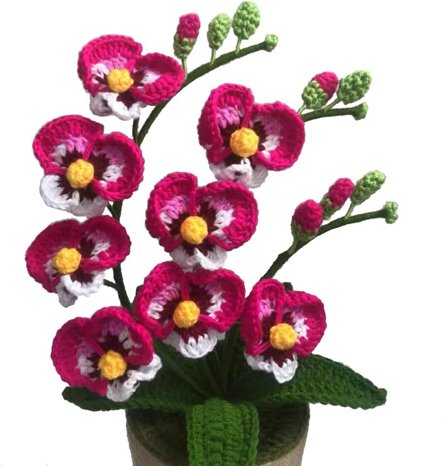 Crochet Moth Orchids Potted Plant, Handmade Knitted Artificial Butterfly Orchids for Home Office Indoor Outdoor Decor Mother's Day, Valentine's Day, Birthday Gift (Pink)