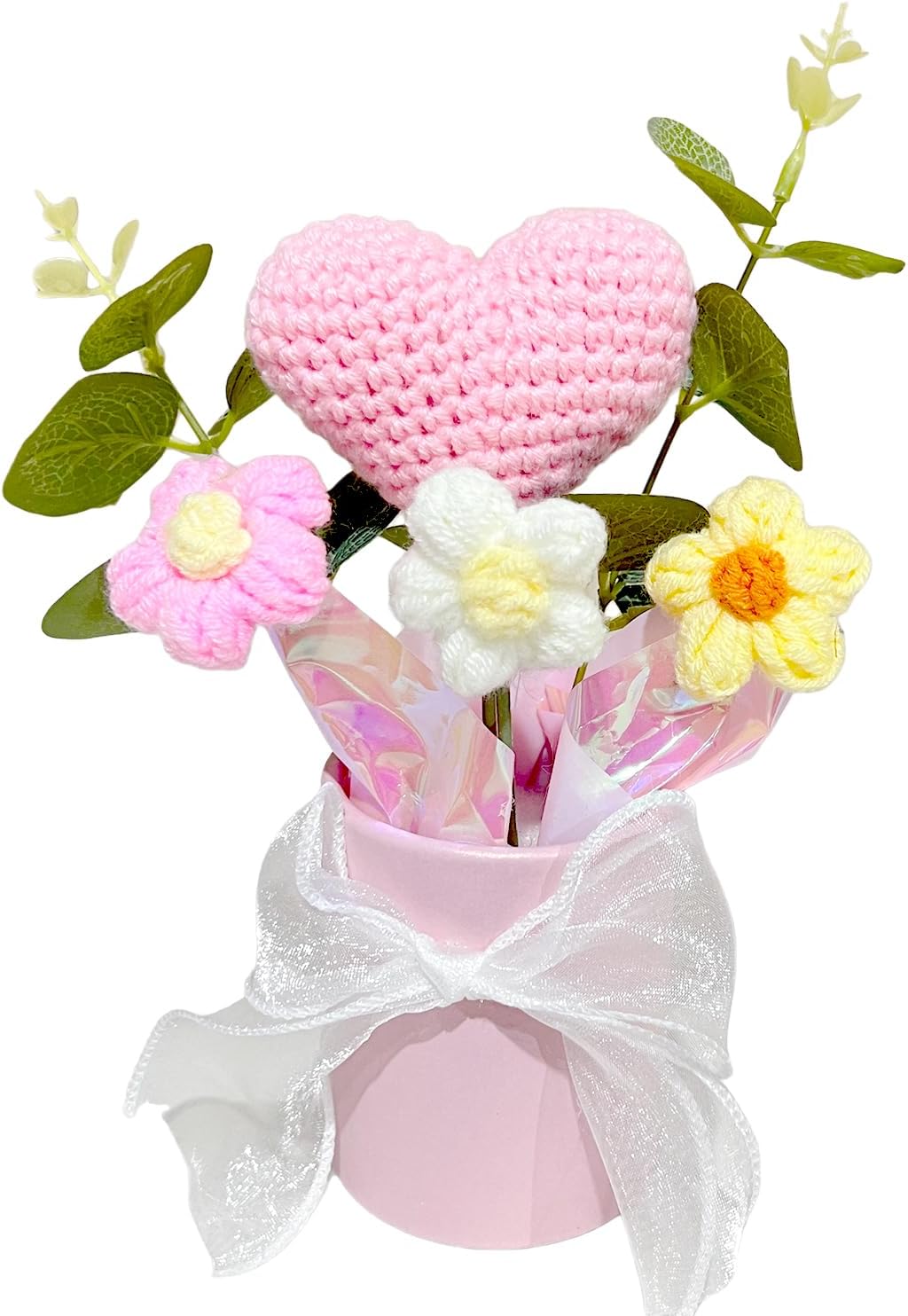 Crochet Pink Flower Bouquet, Small Handmade Desktop Decor Gifts For Women | Skin-friendly, Odor-free yarn, Pollen-free, Hypoallergenic, Great for Birthday, Mother's Day, Daughter & Grandma Gifts