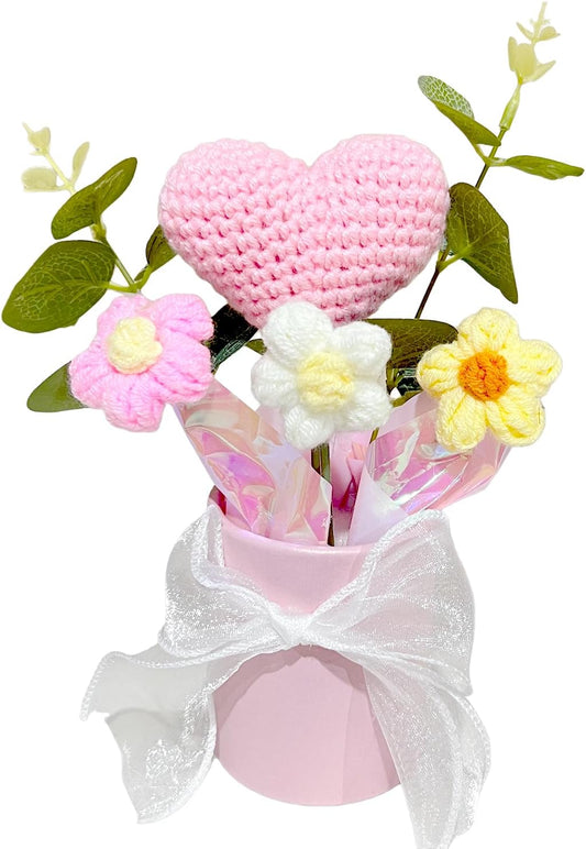 Crochet Pink Flower Bouquet, Small Handmade Desktop Decor Gifts For Women | Skin-friendly, Odor-free yarn, Pollen-free, Hypoallergenic, Great for Birthday, Mother's Day, Daughter & Grandma Gifts