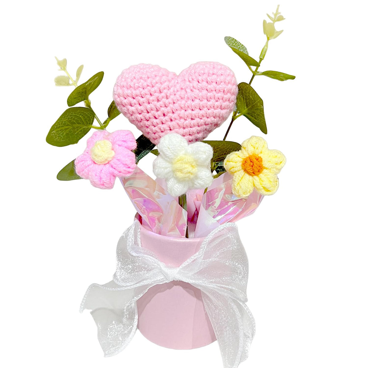Crochet Pink Flower Bouquet, Small Handmade Desktop Decor Gifts For Women | Skin-friendly, Odor-free yarn, Pollen-free, Hypoallergenic, Great for Birthday, Mother's Day, Daughter & Grandma Gifts