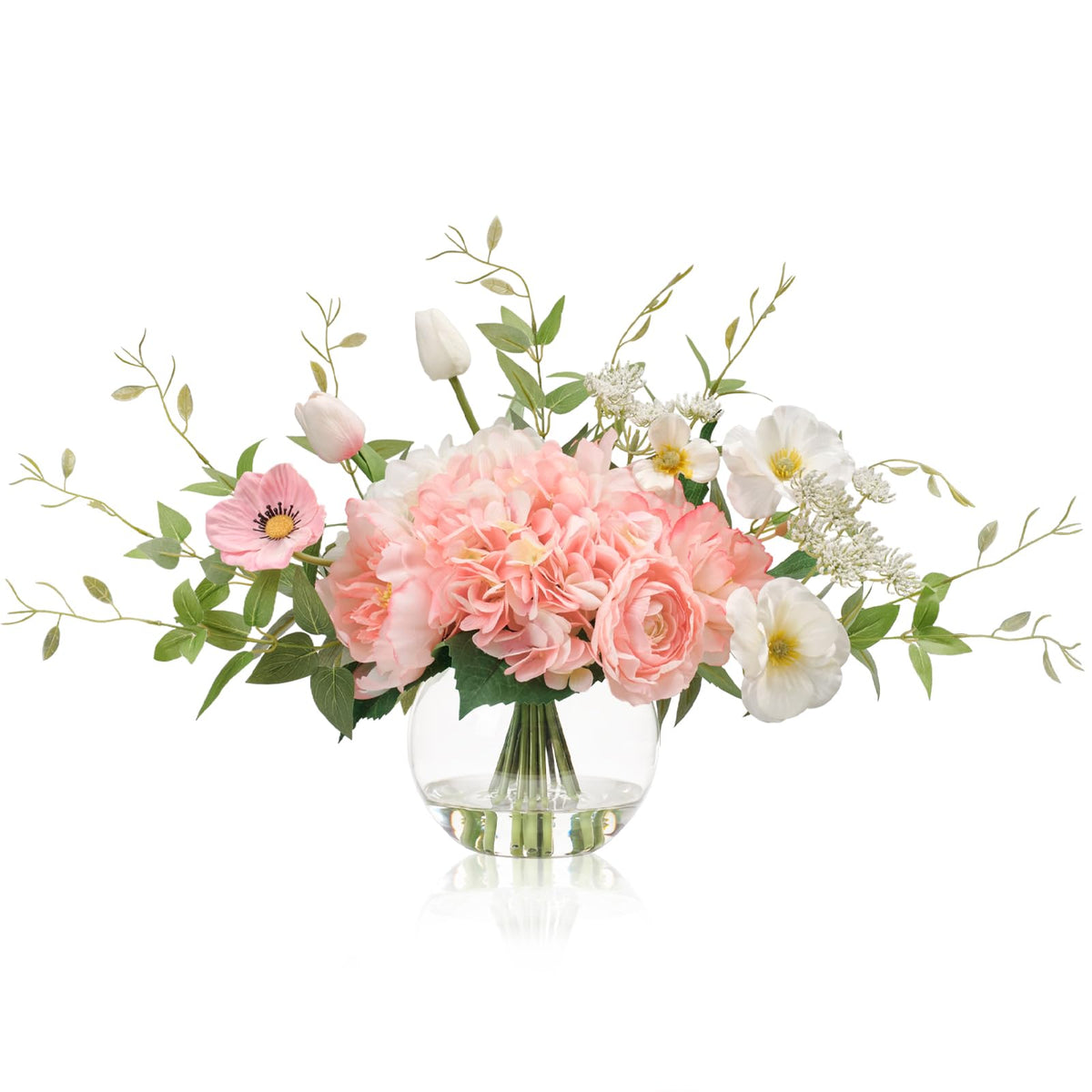 WELL KNOWN Artificial Flowers with Vase, Silk Blue & White Flower Bouquet | Hydrangea Peony in Vase with Faux Water for Home Decor, Fake Tulips Flower Arrangements for Wedding Party Table Centerpieces