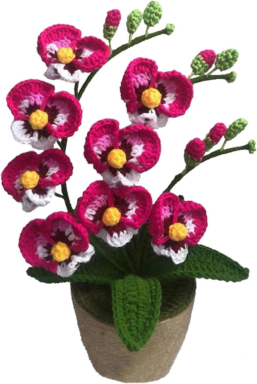Crochet Moth Orchids Potted Plant, Handmade Knitted Artificial Butterfly Orchids for Home Office Indoor Outdoor Decor Mother's Day, Valentine's Day, Birthday Gift (Pink)