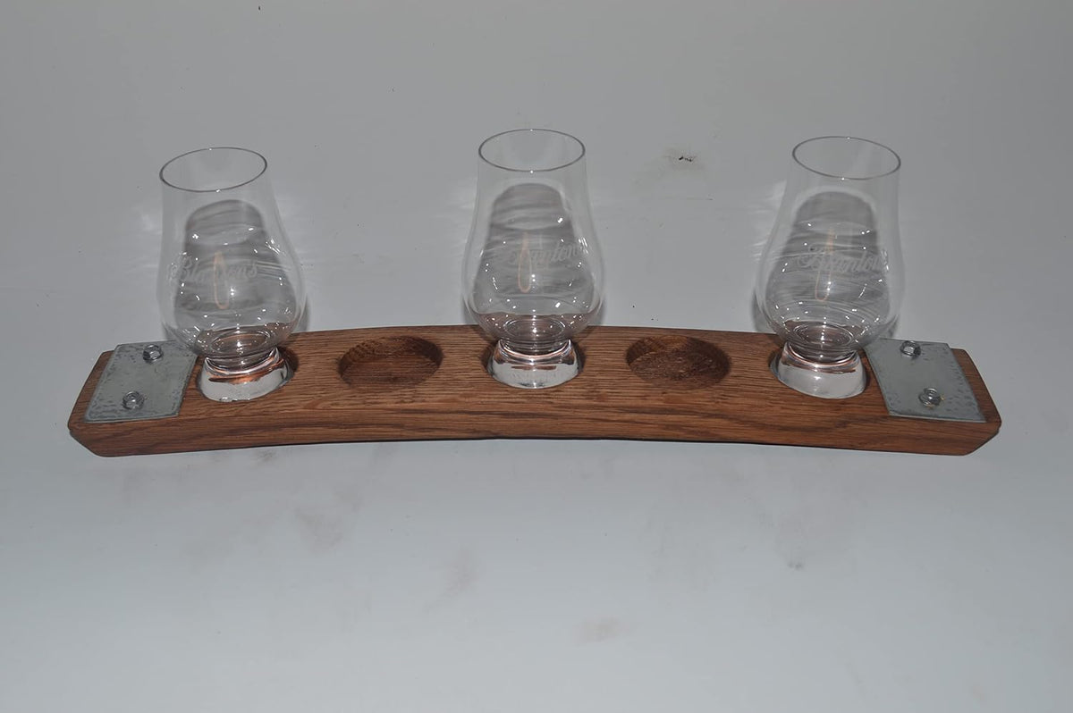 Personalized Laser Engraved Whiskey Glass Flight Tasting Board Holder 3, 4 or 5 Made from a Kentucky Bourbon barrel stave (Glasses Not Included) (5 Glass, English Chestnut)