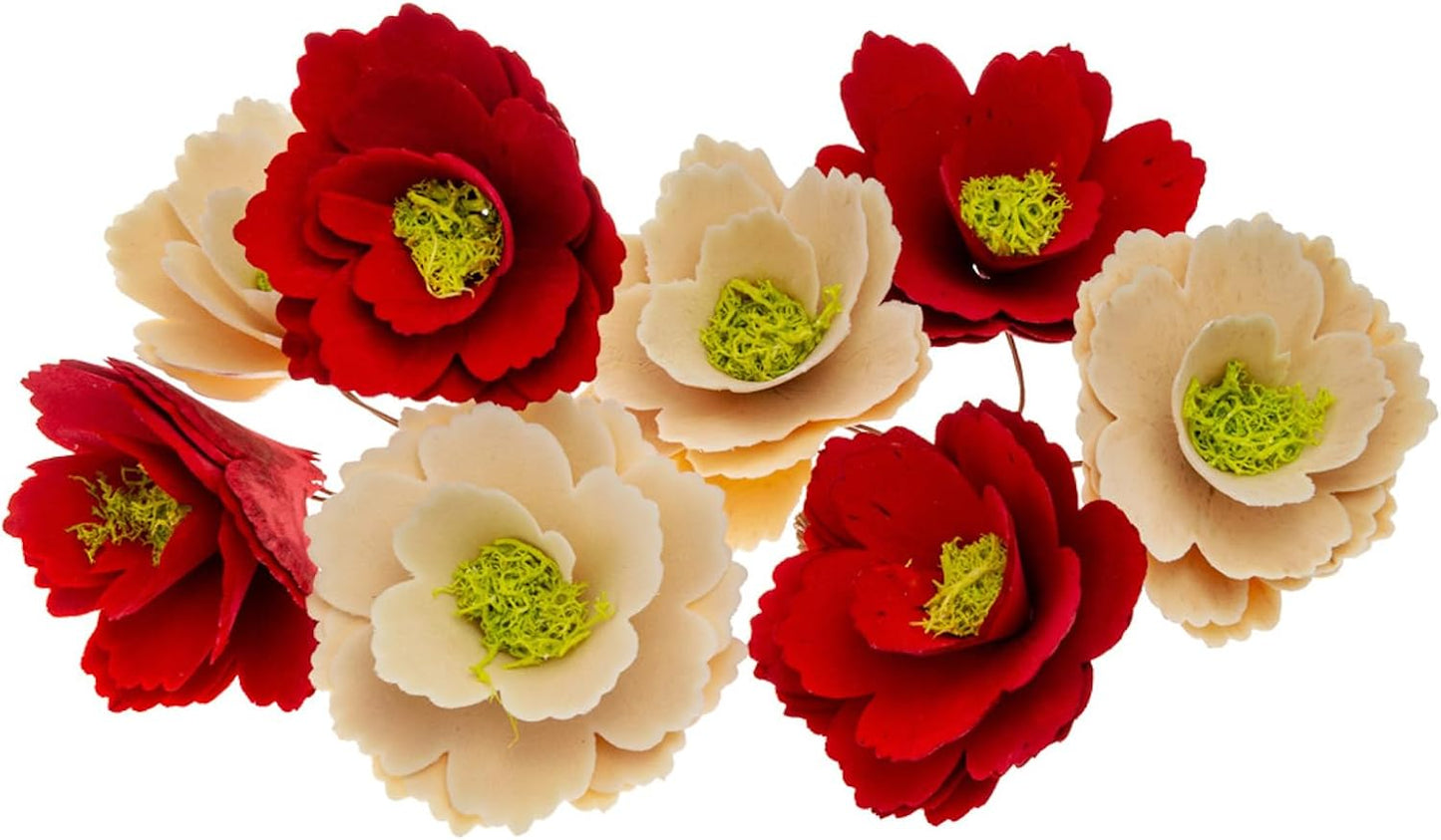 Boston International Faux Floral Wood Curl Flowers with Wire Stems Floral Decorations for Home, Set of 8, Red & Natural