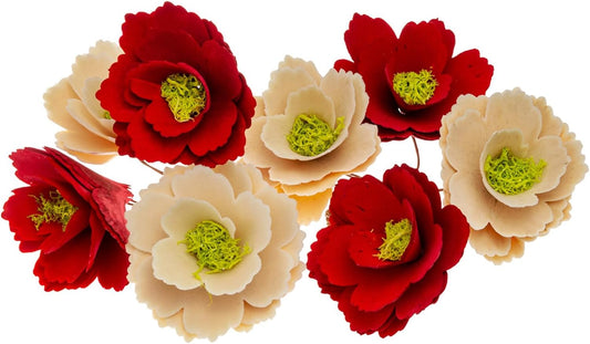 Boston International Faux Floral Wood Curl Flowers with Wire Stems Floral Decorations for Home, Set of 8, Red & Natural