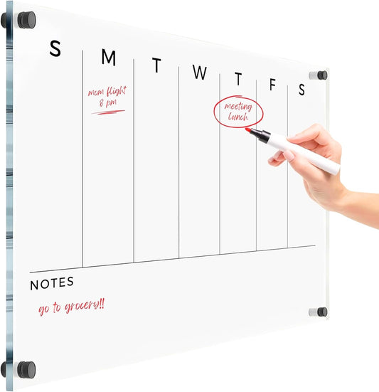 Weekly Premium Large Glass Calendar - Reusable Board for Office and Home - Dry Erase Board - Acrylic Wall Calendar w Marker (Black Standoff, 24"x18" (Regular))