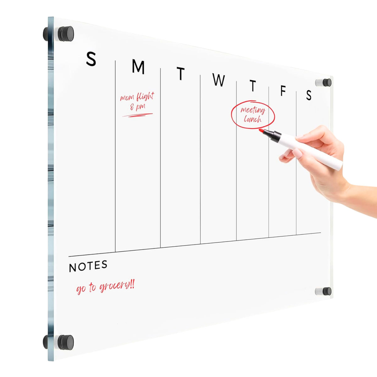 Weekly Premium Large Glass Calendar - Reusable Board for Office and Home - Dry Erase Board - Acrylic Wall Calendar w Marker (Black Standoff, 24"x18" (Regular))