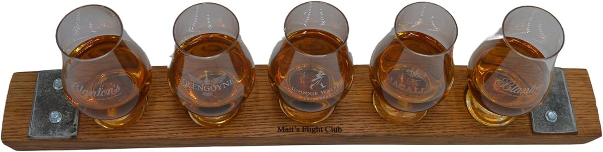 Personalized Laser Engraved Whiskey Glass Flight Tasting Board Holder 3, 4 or 5 Made from a Kentucky Bourbon barrel stave (Glasses Not Included) (5 Glass, English Chestnut)