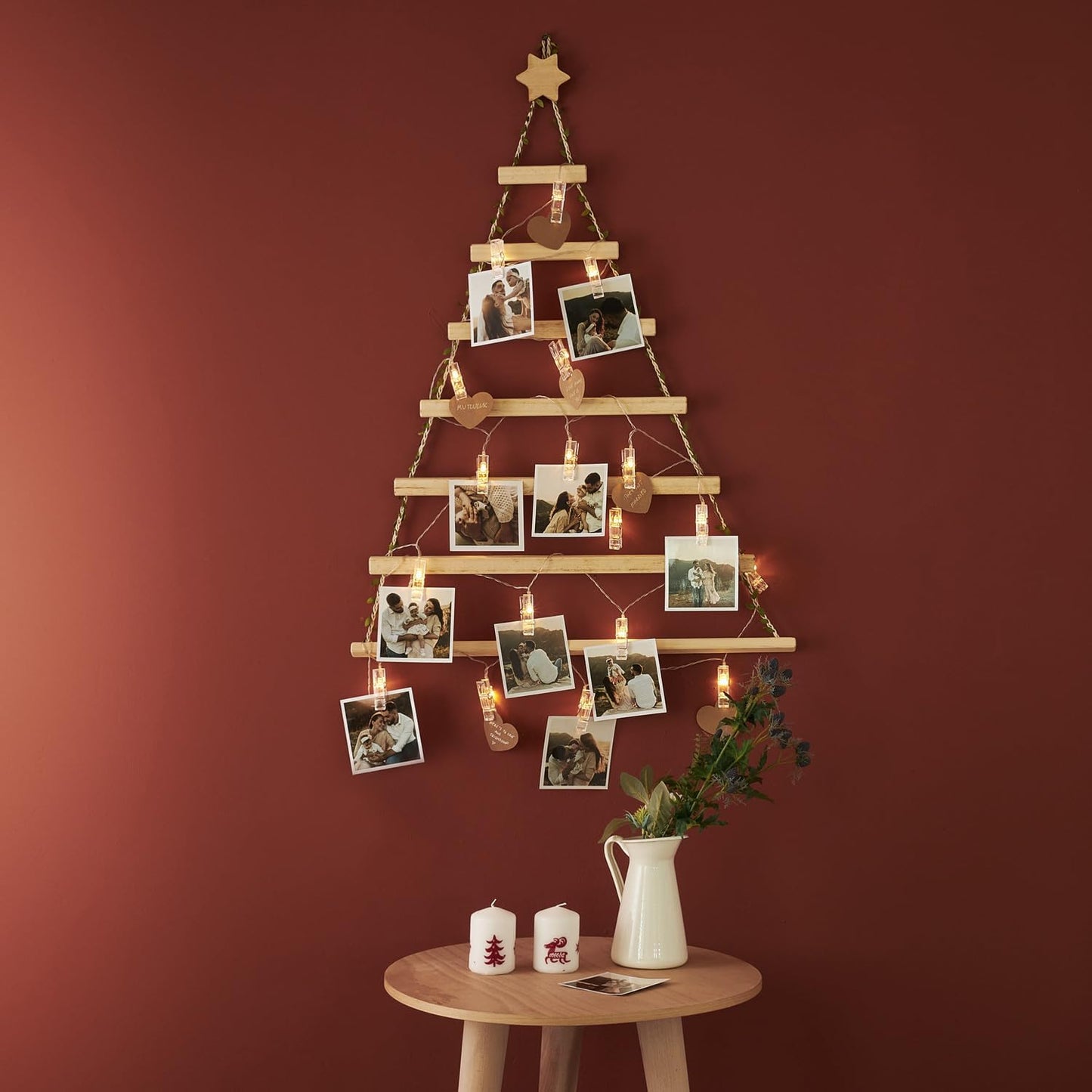 Wooden Christmas Tree Photo Hanger – Natural Handmade Wall Display Frame with Craft Hearts & Lights, Rustic Holiday Wall Decor for Memories – Best Christmas Gift (Tree Only - No Photos)