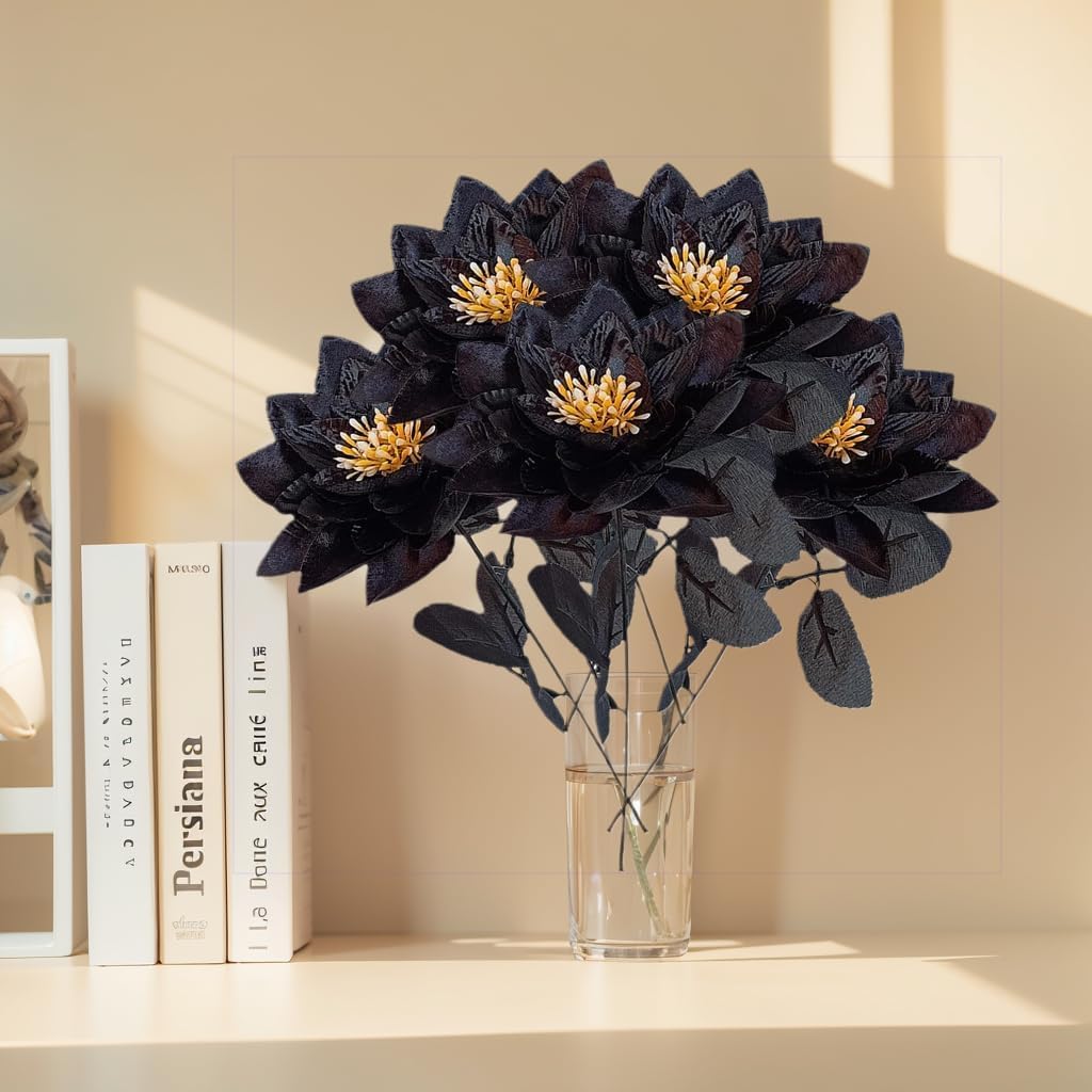10 Artificial Flowers for Outdoor Decorations Realistic Black Lotus Flowers (Black)