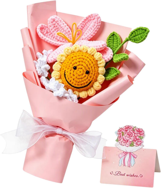 Crochet Flower Bouquet, Handmade Pink Tulip Sunflower Gift for Women | Skin-Friendly Odor-Free Yarn, Everlasting No Watering Needed, Vivid Full-Bloom Shape, Ideal Gift For Mom, Daughter & Sister