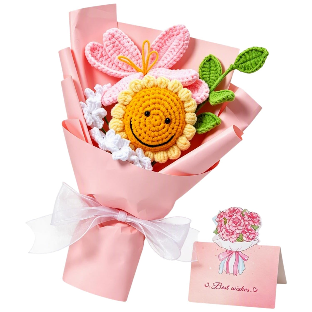 Crochet Flower Bouquet, Handmade Pink Tulip Sunflower Gift for Women | Skin-Friendly Odor-Free Yarn, Everlasting No Watering Needed, Vivid Full-Bloom Shape, Ideal Gift For Mom, Daughter & Sister