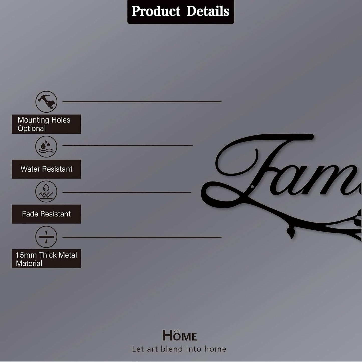 Metal Family Signs, Black, 12 x 7.99 inches, Modern Style, Wall Mount, Perfect for Home Decor, Gifts