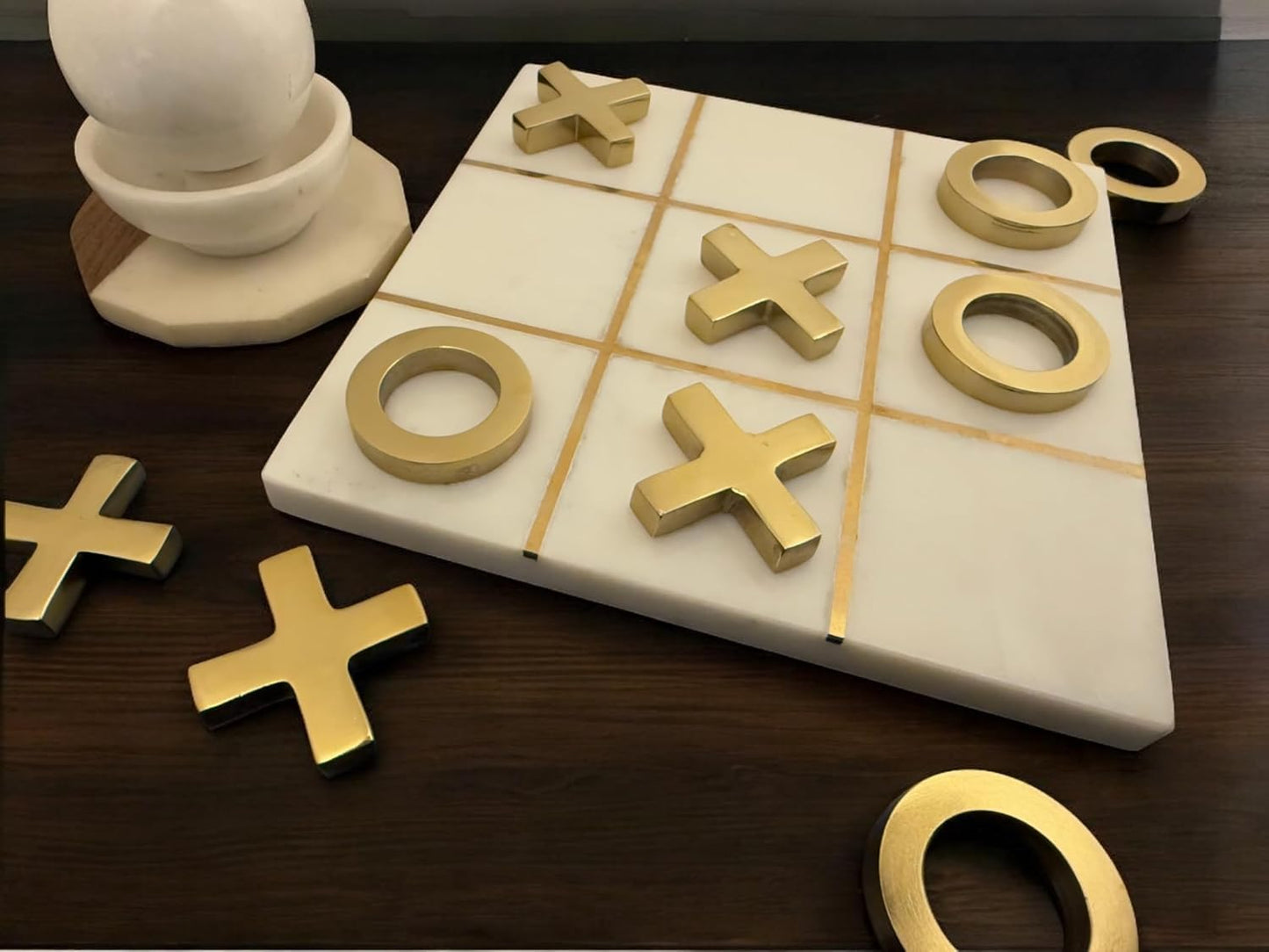 Varenthe HOME Tic Tac Toe Marble Game Board Classic Coffee Table Decor Modern Marble Travel Game for Family, White & Gold