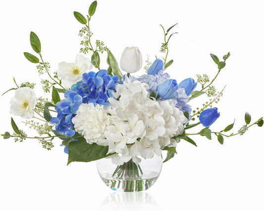WELL KNOWN Artificial Flowers with Vase, Silk Blue & White Flower Bouquet | Hydrangea Peony in Vase with Faux Water for Home Decor, Fake Tulips Flower Arrangements for Wedding Party Table Centerpieces