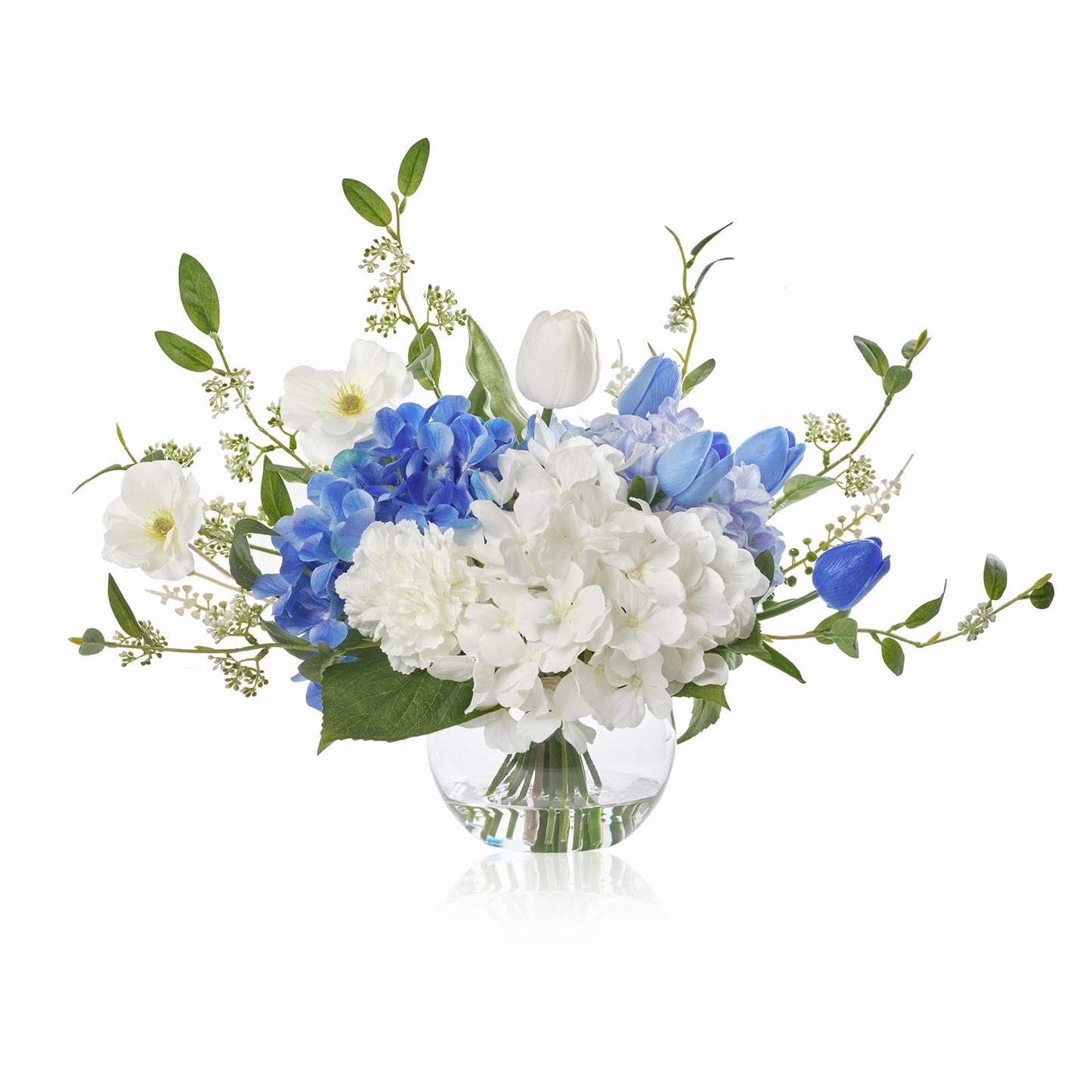WELL KNOWN Artificial Flowers with Vase, Silk Blue & White Flower Bouquet | Hydrangea Peony in Vase with Faux Water for Home Decor, Fake Tulips Flower Arrangements for Wedding Party Table Centerpieces