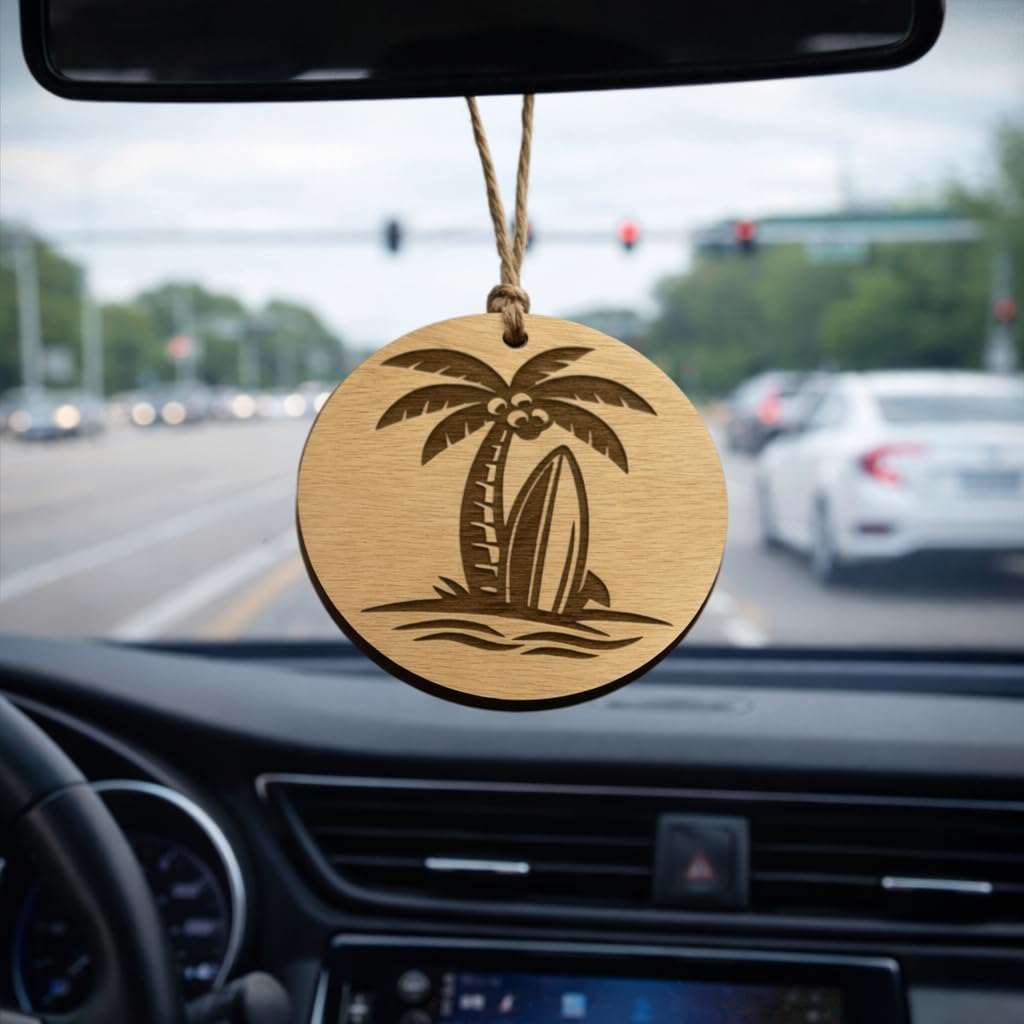 Beach Rearview Mirror Ornament, 4x4 Engraved Wood Car Hanging Decoration, Palm Tree and Surfboard Design with Jute Twine, Car Owner Gift