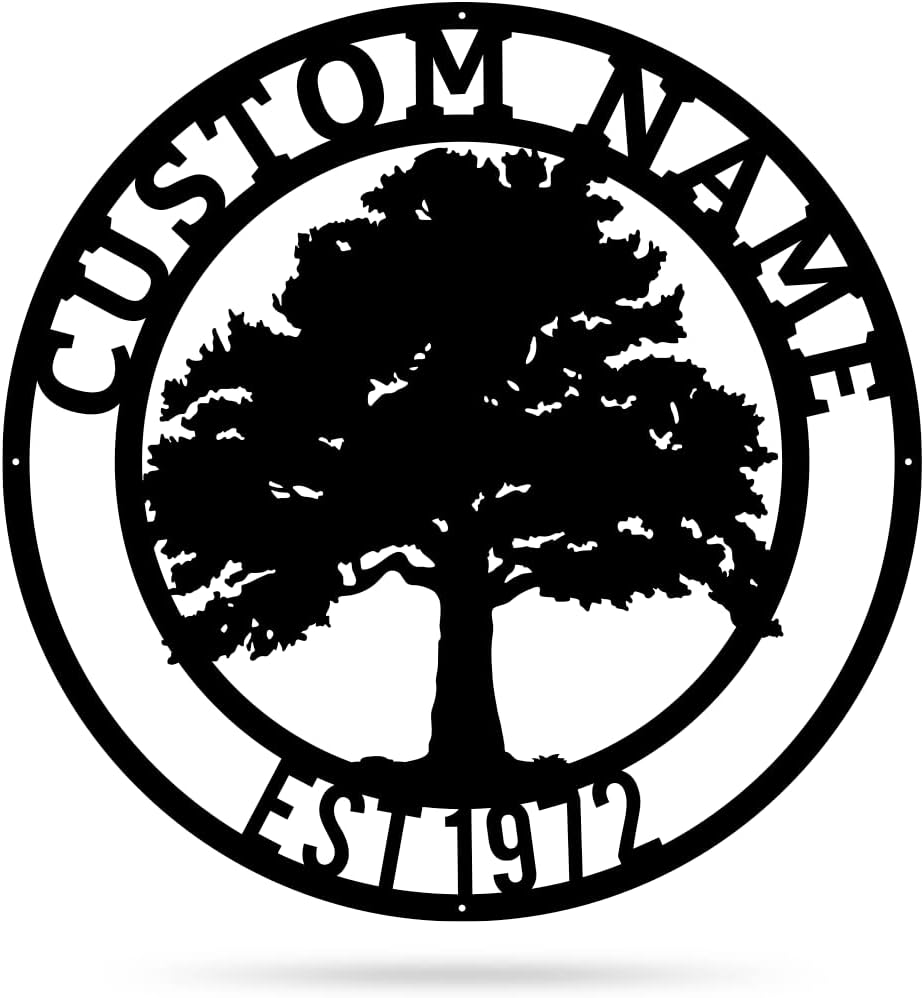 RealSteel Tree of Life Oak Tree, Custom Metal Signs for Outside, Est. Year Monogram, Personalized Metal Wall Decor, Last Name Sign, Family Name Sign, Dad Gift, Outdoor Garden Decor