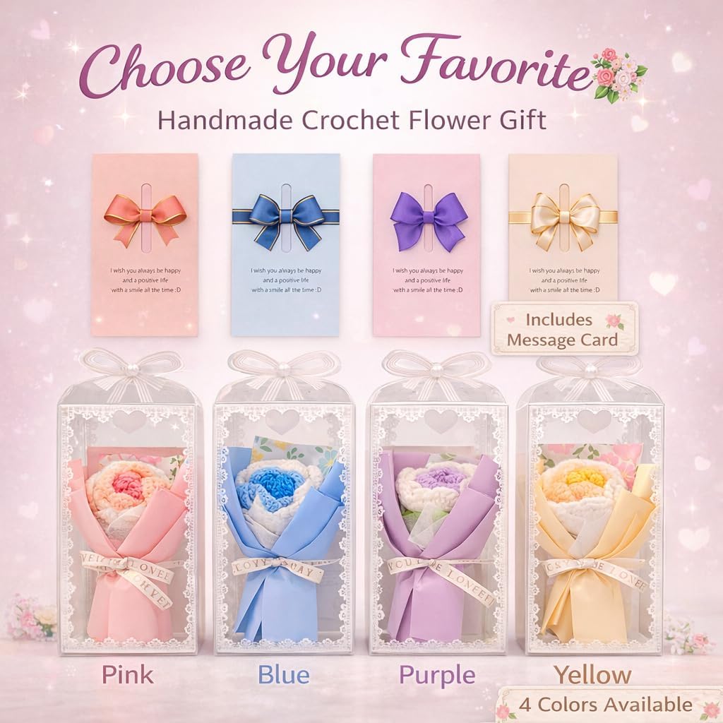 Crochet Flower Bouquet Message Card & PVC Box, Warm Gift for Her, Blue | Add-on-gift