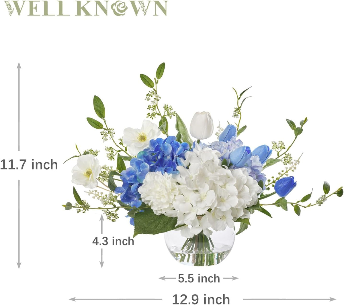 WELL KNOWN Artificial Flowers with Vase, Silk Blue & White Flower Bouquet | Hydrangea Peony in Vase with Faux Water for Home Decor, Fake Tulips Flower Arrangements for Wedding Party Table Centerpieces