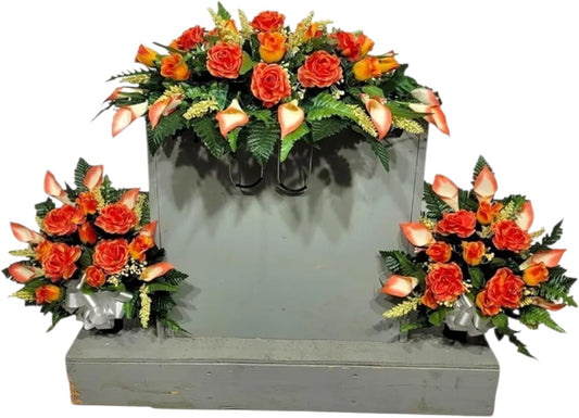 Realistic Artificial Cemetery Flowers - Silk Faux Floral Orange Rose and Calla Lily - Bouquet Pair for Grave - Headstone Saddle - 3 Memorial Decorations