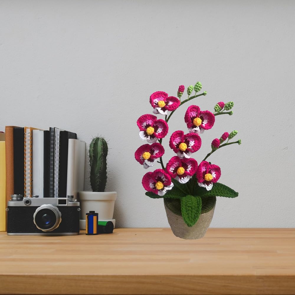 Crochet Moth Orchids Potted Plant, Handmade Knitted Artificial Butterfly Orchids for Home Office Indoor Outdoor Decor Mother's Day, Valentine's Day, Birthday Gift (Pink)