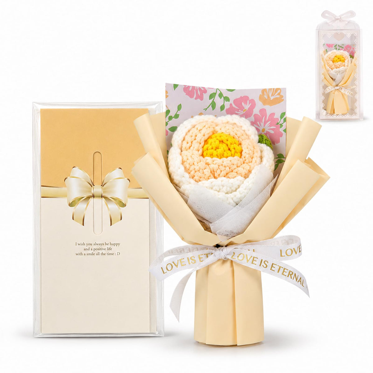 Crochet Flower Bouquet Message Card & PVC Box, Warm Gift for Her, Blue | Add-on-gift