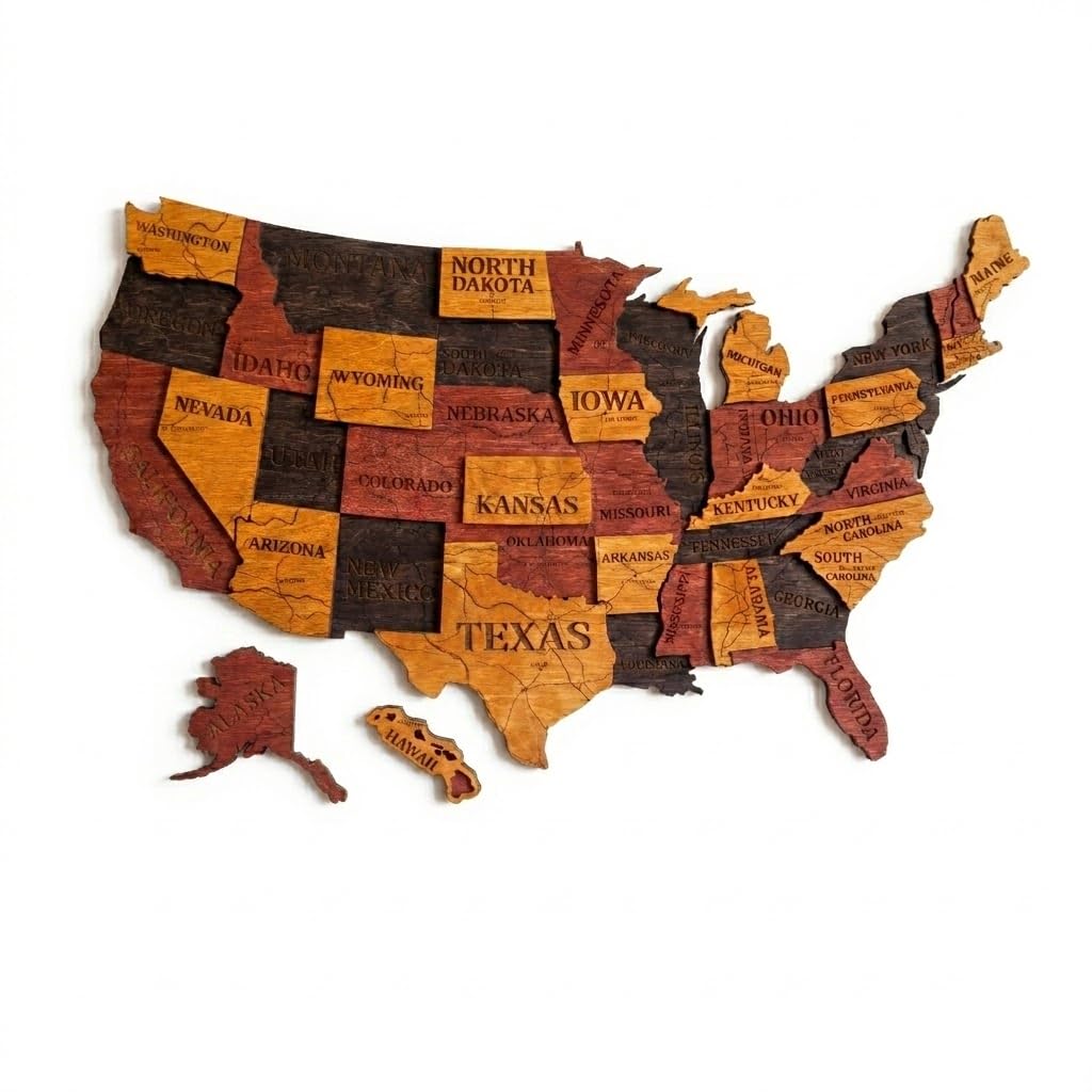Wooden USA Map Visited Places - Wood United States Map with Push Pins - 3D US States Travel Tracker Wall Art Decor - Wooden America Atlas - New Home Gift (Nature)
