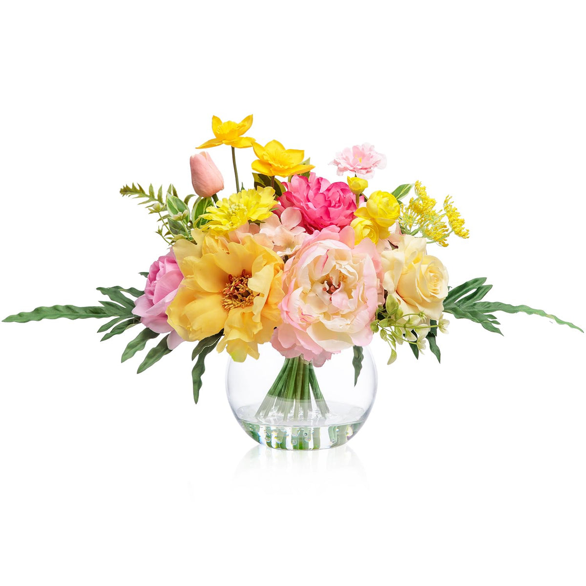 WELL KNOWN Artificial Flowers with Vase, Silk Blue & White Flower Bouquet | Hydrangea Peony in Vase with Faux Water for Home Decor, Fake Tulips Flower Arrangements for Wedding Party Table Centerpieces