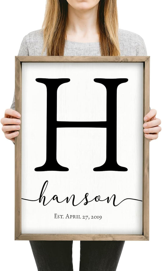 Personalized Monogram Framed Name Sign 12x18 – Custom Wall Decor Grey | solid poplar frame, white background, printed no decals, 4 sizes, add surname, wedding housewarming gift