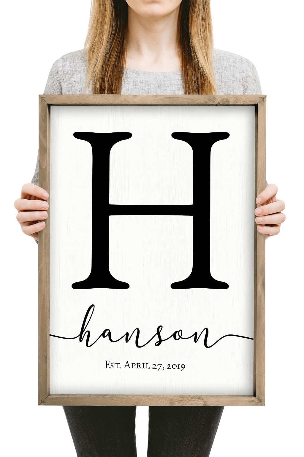 Personalized Monogram Framed Name Sign 12x18 – Custom Wall Decor Grey | solid poplar frame, white background, printed no decals, 4 sizes, add surname, wedding housewarming gift