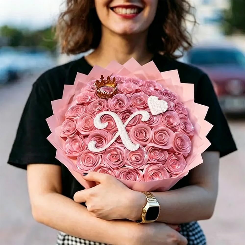 7 Colors Custom Glitter Rose Bouquet with Letter, DIY Sparkly Artificial Roses, Personalized Everlasting Flower Gift for Couples, Wedding, Anniversary, Valentine’s Day (Choose Color)
