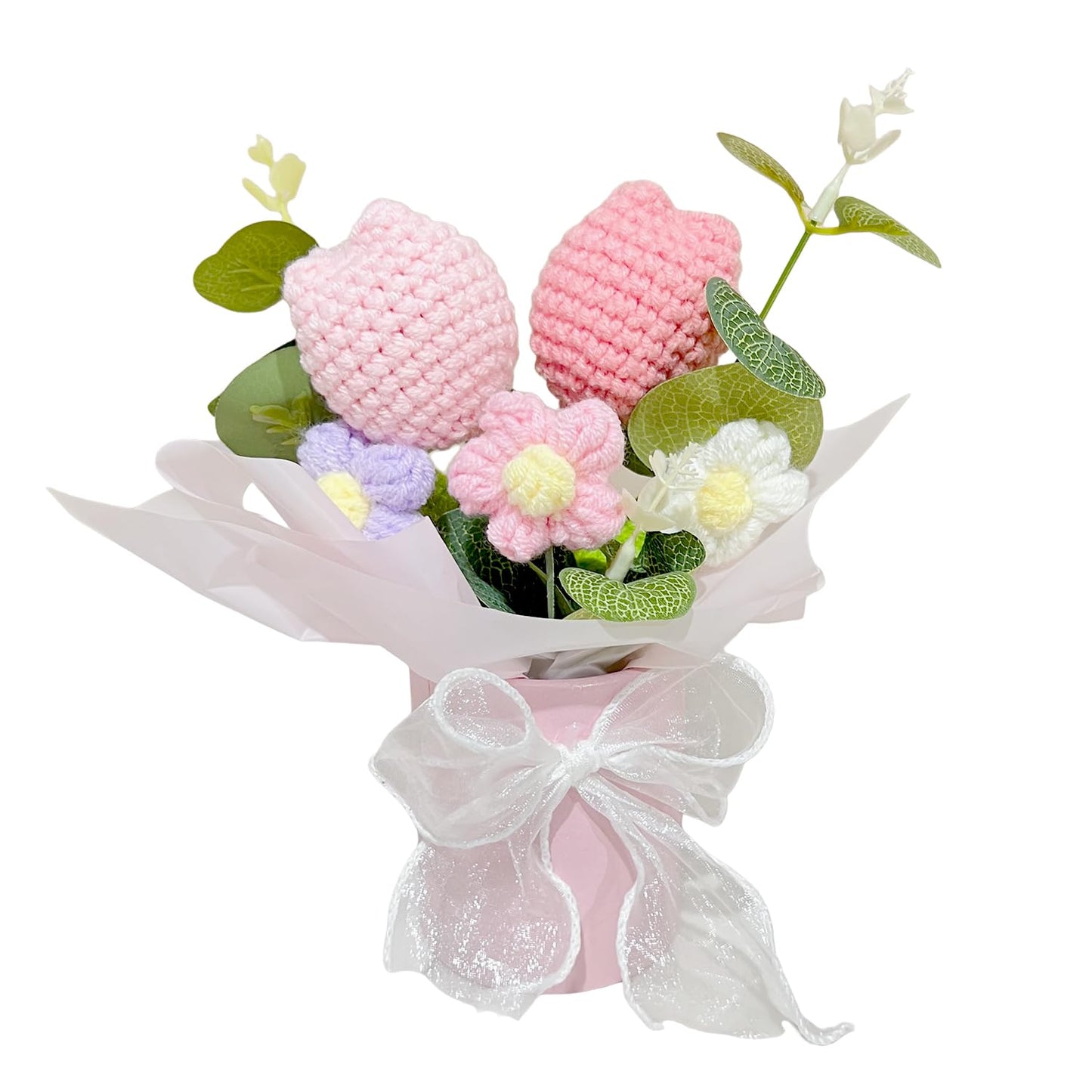 Crochet Pink Flower Bouquet, Small Handmade Desktop Decor Gifts For Women | Skin-friendly, Odor-free yarn, Pollen-free, Hypoallergenic, Great for Birthday, Mother's Day, Daughter & Grandma Gifts
